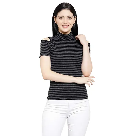 LE BOURGEOIS Women Stripe Cold Shoulder Highneck Top