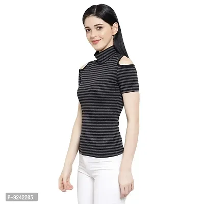 LE BOURGEOIS Women Stripe Cold Shoulder Highneck Top-thumb3