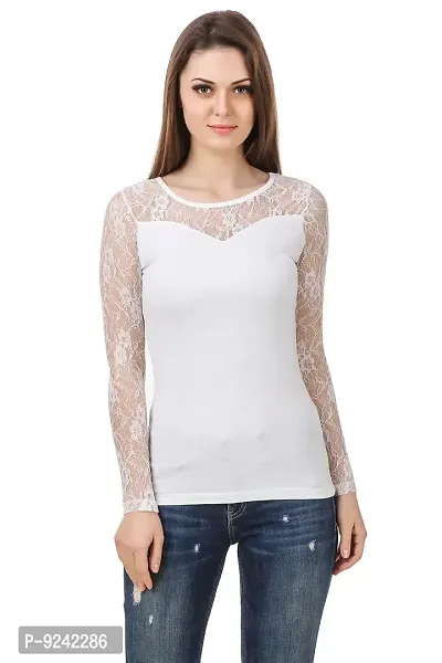 LE BOURGEOIS White Color Body with net Yoke Full Sleeve Round Neck top for Women