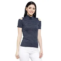 LE BOURGEOIS Women Stripe Cold Shoulder Highneck Top-thumb2