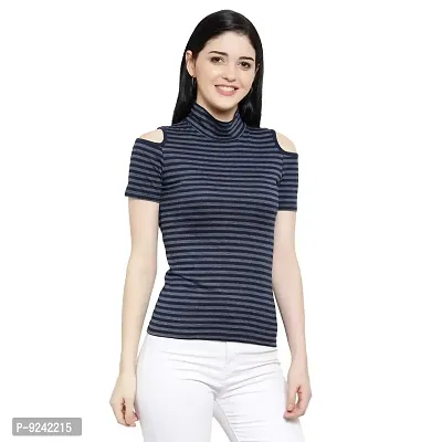 LE BOURGEOIS Women Stripe Cold Shoulder Highneck Top-thumb3