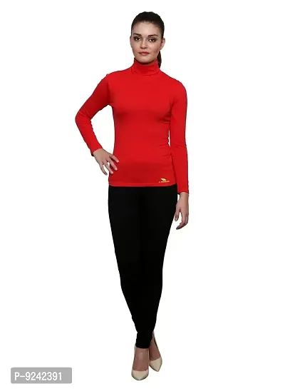 LE BOURGEOIS Red Color High Neck Cotton T-Shirt for Women-thumb5