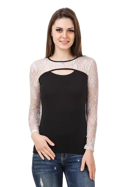 LE BOURGEOIS Women Cut-Out Net Yoke Full Sleeve Casual Slim Fit Cotton Top
