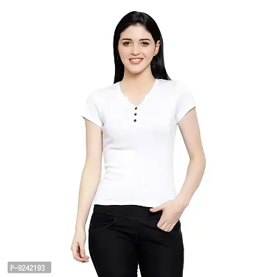 LE BOURGEOIS Women Solid Henley Neck Button Front Short Sleeve Regular Top