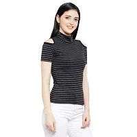 LE BOURGEOIS Women Stripe Cold Shoulder Highneck Top-thumb1