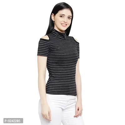 LE BOURGEOIS Women Stripe Cold Shoulder Highneck Top-thumb2