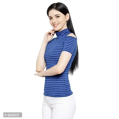 LE BOURGEOIS Women Stripe Cold Shoulder Highneck Top-thumb4