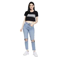 LE BOURGEOIS Women Solid Round Neck Short Sleeve Loose Fit Casual Crop Top-thumb5