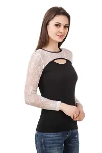 LE BOURGEOIS Women Cut-Out Net Yoke Full Sleeve Casual Slim Fit Cotton Top-thumb1