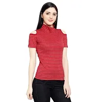 LE BOURGEOIS Women Stripe Cold Shoulder Highneck Top-thumb2