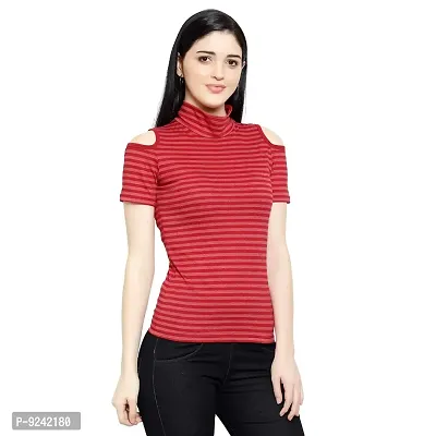 LE BOURGEOIS Women Stripe Cold Shoulder Highneck Top-thumb3