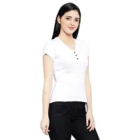 LE BOURGEOIS Women Solid Henley Neck Button Front Short Sleeve Regular Top-thumb2