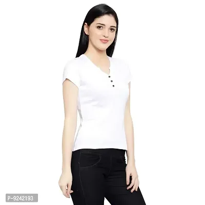 LE BOURGEOIS Women Solid Henley Neck Button Front Short Sleeve Regular Top-thumb3