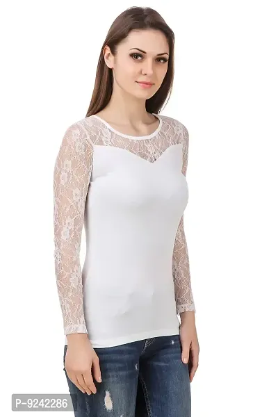 LE BOURGEOIS White Color Body with net Yoke Full Sleeve Round Neck top for Women-thumb4