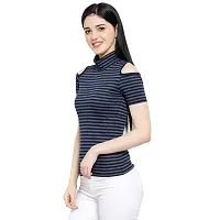 LE BOURGEOIS Women Stripe Cold Shoulder Highneck Top-thumb3