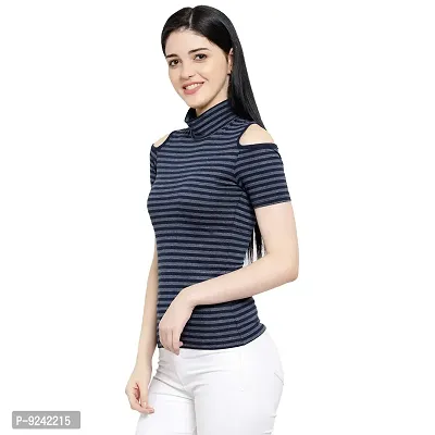 LE BOURGEOIS Women Stripe Cold Shoulder Highneck Top-thumb4