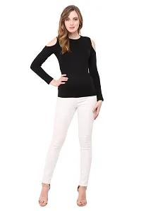 LE BOURGEOIS Women Slim Fit Solid Casual Cold Shoulder Round Neck Full Sleeve Cotton Top/T-Shirt-thumb4