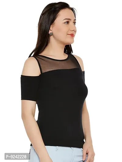 LE BOURGEOIS Women's Net Yoke Cold Shoulder Cotton Top-thumb3