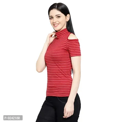 LE BOURGEOIS Women Stripe Cold Shoulder Highneck Top-thumb4