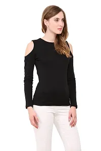 LE BOURGEOIS Women Slim Fit Solid Casual Cold Shoulder Round Neck Full Sleeve Cotton Top/T-Shirt-thumb1