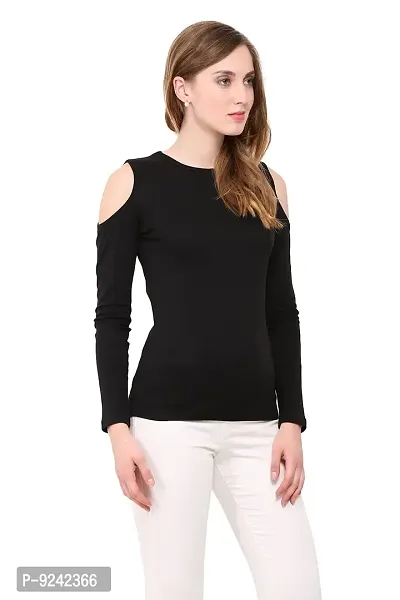 LE BOURGEOIS Women Slim Fit Solid Casual Cold Shoulder Round Neck Full Sleeve Cotton Top/T-Shirt-thumb2