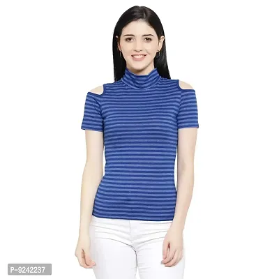 LE BOURGEOIS Women Stripe Cold Shoulder Highneck Top-thumb1