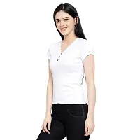 LE BOURGEOIS Women Solid Henley Neck Button Front Short Sleeve Regular Top-thumb3