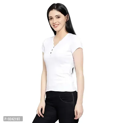 LE BOURGEOIS Women Solid Henley Neck Button Front Short Sleeve Regular Top-thumb4