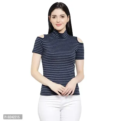 LE BOURGEOIS Women Stripe Cold Shoulder Highneck Top-thumb1