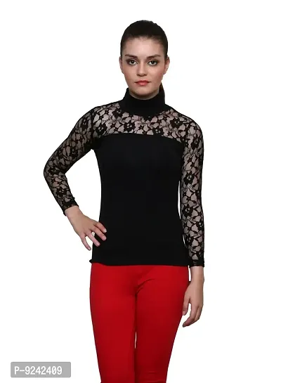 LE BOURGEOIS Women Solid Net Yoke Highneck Full Sleeve Slim Fit Top