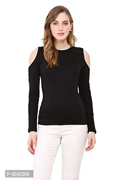 LE BOURGEOIS Women Slim Fit Solid Casual Cold Shoulder Round Neck Full Sleeve Cotton Top/T-Shirt