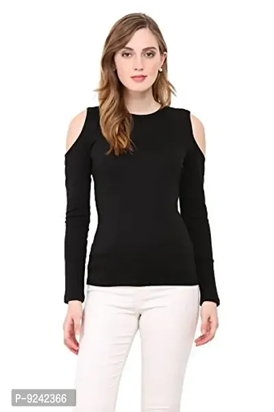 LE BOURGEOIS Women Slim Fit Solid Casual Cold Shoulder Round Neck Full Sleeve Cotton Top/T-Shirt-thumb0