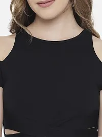 LE BOURGEOIS Women Slim Fit Round Neck Cold Shoulder Crop Top-thumb4