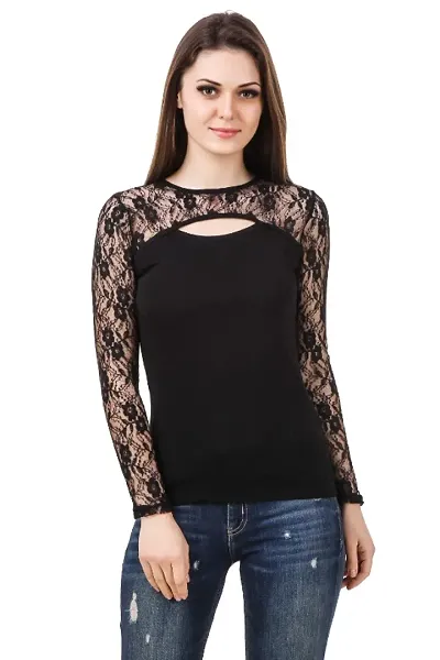 Trendy Solid Top with Net Full Sleeve