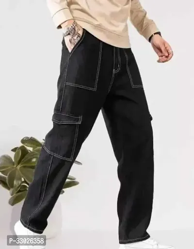 Stylish Black Cotton Blend Mid-Rise Cargos For Men-thumb0