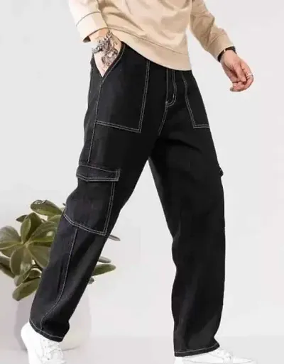 Stylish Black Denim Solid Cargos For Men