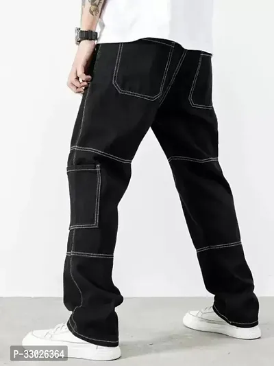 Stylish Black Denim Mid-Rise Cargos For Men-thumb2