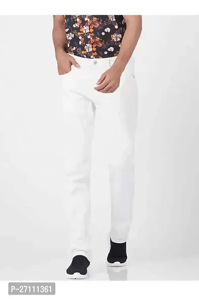 Stylish White Cotton Blend Mid-Rise Jeans For Men-thumb0