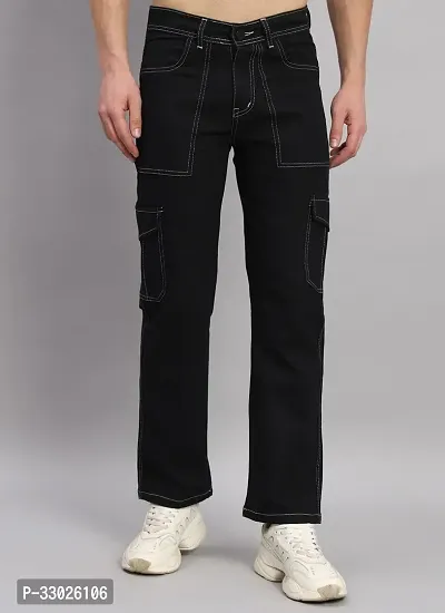 Stylish Black Denim Mid-Rise Cargos For Men-thumb0