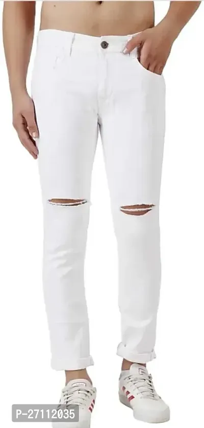 Stylish White Cotton Blend Mid-Rise Jeans For Men-thumb0