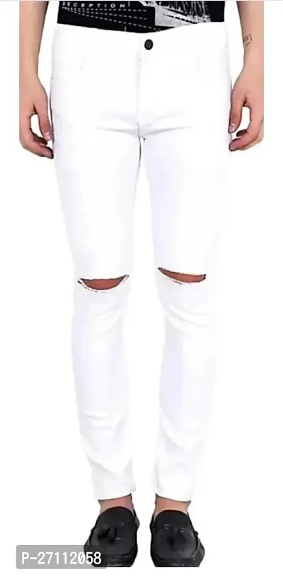 Stylish White Cotton Blend Mid-Rise Jeans For Men-thumb0