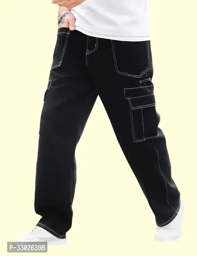 Stylish Black Cotton Blend Mid-Rise Cargos For Men