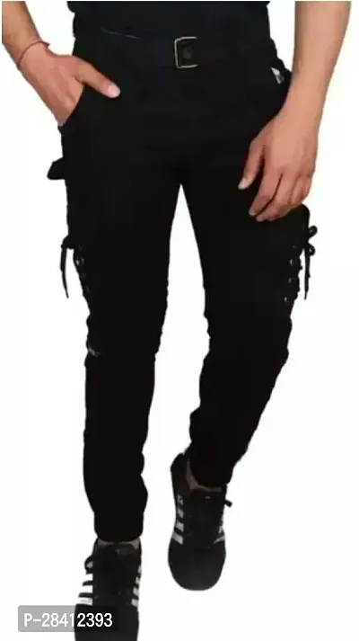 Stylish Black Cotton Blend Regular Fit Solid Cargo Pant For Men-thumb0