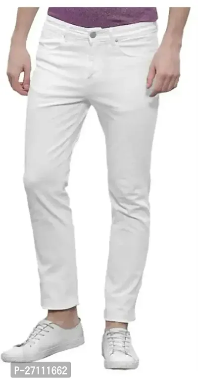 Stylish White Cotton Blend Mid-Rise Jeans For Men-thumb0