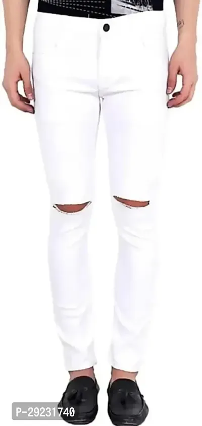 Stylish White Cotton Blend Mid-Rise Jeans For Men-thumb0