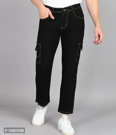 Stylish Black Denim Mid-Rise Cargos For Men-thumb0