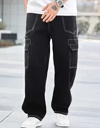 Stylish Black Cotton Blend Solid Cargos For Men-thumb2