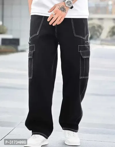 Stylish Black Cotton Blend Solid Cargos For Men-thumb3