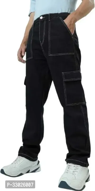 Stylish Black Cotton Blend Mid-Rise Cargos For Men-thumb0