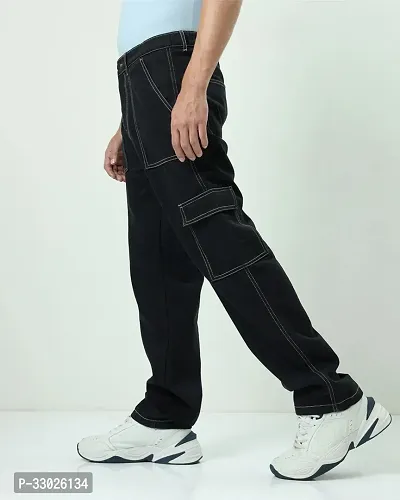 Stylish Black Denim Mid-Rise Cargos For Men-thumb2